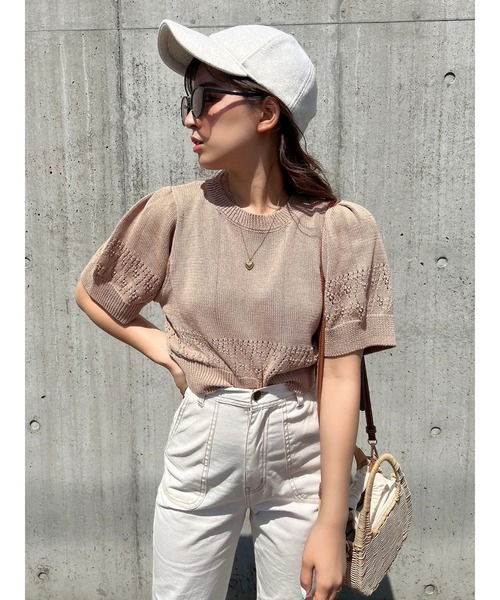 Green　Parks（グリーンパークス）の「AYANOプロデュースアイテム 透かしデザイン半袖ニットPO（ニット/セーター・レディース・チャコールグレー/ベージュ/ブラウン/オフホワイト/オレンジ/グリーン・FREE）」の13枚目の写真