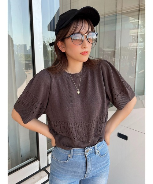 Green　Parks（グリーンパークス）の「AYANOプロデュースアイテム 透かしデザイン半袖ニットPO（ニット/セーター・レディース・チャコールグレー/ベージュ/ブラウン/オフホワイト/オレンジ/グリーン・FREE）」の11枚目の写真