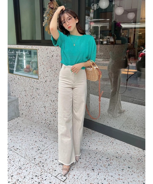 Green　Parks（グリーンパークス）の「AYANOプロデュースアイテム 透かしデザイン半袖ニットPO（ニット/セーター・レディース・チャコールグレー/ベージュ/ブラウン/オフホワイト/オレンジ/グリーン・FREE）」の14枚目の写真