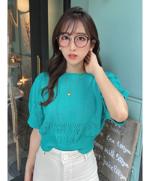 Green　Parks（グリーンパークス）の「AYANOプロデュースアイテム 透かしデザイン半袖ニットPO（ニット/セーター・レディース・チャコールグレー/ベージュ/ブラウン/オフホワイト/オレンジ/グリーン・FREE）」の15枚目の写真