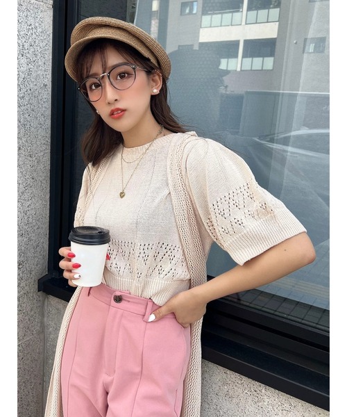 Green　Parks（グリーンパークス）の「AYANOプロデュースアイテム 透かしデザイン半袖ニットPO（ニット/セーター・レディース・チャコールグレー/ベージュ/ブラウン/オフホワイト/オレンジ/グリーン・FREE）」の9枚目の写真