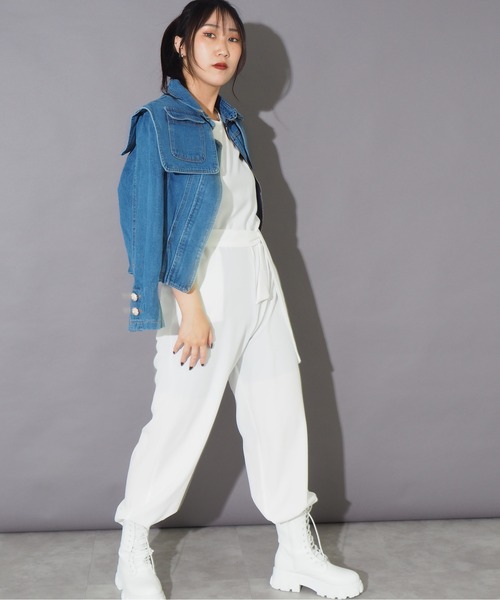 Bloom Closet(ブルームクローゼット)の「フラッタースリーブベルテッドオールインワン(つなぎ/オールインワン・レディース・ホワイト/ピンク/ブルー・MEDIUM/LARGE)」の6枚目の写真