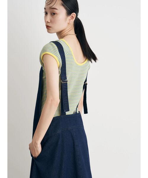 earth music&ecology（アースミュージックアンドエコロジー）の「デニムジャンスカ（ジャンパースカート・レディース・ホワイト/インディゴブルー・FREE）」の6枚目の写真