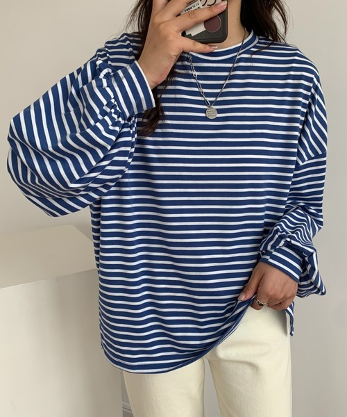 ABITOKYO（アビトーキョー）の「ボリュームスリーブボーダートップス（Tシャツ/カットソー・レディース・ブラック/グレー/ブルー・FREE）」の3枚目の写真