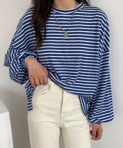 ABITOKYO（アビトーキョー）の「ボリュームスリーブボーダートップス（Tシャツ/カットソー・レディース・ブラック/グレー/ブルー・FREE）」の5枚目の写真