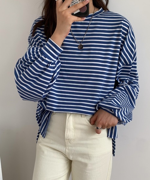 ABITOKYO（アビトーキョー）の「ボリュームスリーブボーダートップス（Tシャツ/カットソー・レディース・ブラック/グレー/ブルー・FREE）」の7枚目の写真