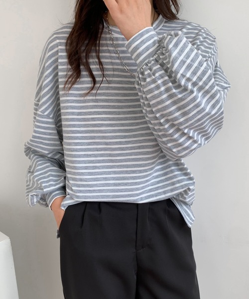 ABITOKYO（アビトーキョー）の「ボリュームスリーブボーダートップス（Tシャツ/カットソー・レディース・ブラック/グレー/ブルー・FREE）」の13枚目の写真