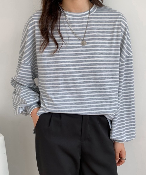 ABITOKYO（アビトーキョー）の「ボリュームスリーブボーダートップス（Tシャツ/カットソー・レディース・ブラック/グレー/ブルー・FREE）」の9枚目の写真
