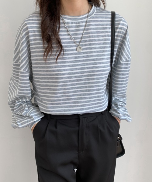 ABITOKYO（アビトーキョー）の「ボリュームスリーブボーダートップス（Tシャツ/カットソー・レディース・ブラック/グレー/ブルー・FREE）」の6枚目の写真