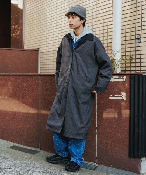 80s AD1988 ARCHIVE リバーシブルチェックステンカラーコート 黒 FREAK'S STORE/リバーシブル ウール混 フランネル チェック ステン