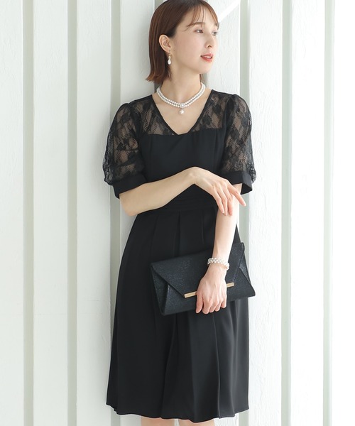 PourVous(プールヴー)の「ミニ丈&七分袖 フォーマル レース 切り替え お呼ばれ 結婚式 パーティー ドレス オケージョンドレス 二次会 成人式 同窓会 謝恩会 20代 30代(ドレス・レディース・ベージュ/ブラック/モスグリーン/レンガ・M)」の5枚目の写真