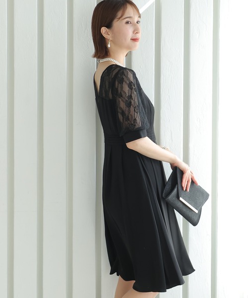PourVous(プールヴー)の「ミニ丈&七分袖 フォーマル レース 切り替え お呼ばれ 結婚式 パーティー ドレス オケージョンドレス 二次会 成人式 同窓会 謝恩会 20代 30代(ドレス・レディース・ベージュ/ブラック/モスグリーン/レンガ・M)」の6枚目の写真