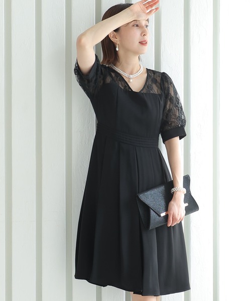 PourVous(プールヴー)の「ミニ丈&七分袖 フォーマル レース 切り替え お呼ばれ 結婚式 パーティー ドレス オケージョンドレス 二次会 成人式 同窓会 謝恩会 20代 30代(ドレス・レディース・ベージュ/ブラック/モスグリーン/レンガ・M)」の8枚目の写真