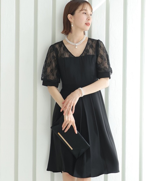PourVous(プールヴー)の「ミニ丈&七分袖 フォーマル レース 切り替え お呼ばれ 結婚式 パーティー ドレス オケージョンドレス 二次会 成人式 同窓会 謝恩会 20代 30代(ドレス・レディース・ベージュ/ブラック/モスグリーン/レンガ・M)」の11枚目の写真
