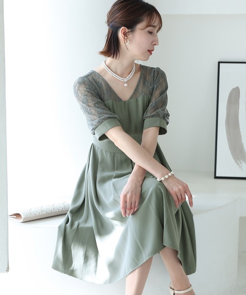 PourVous(プールヴー)の「ミニ丈&七分袖 フォーマル レース 切り替え お呼ばれ 結婚式 パーティー ドレス オケージョンドレス 二次会 成人式 同窓会 謝恩会 20代 30代(ドレス・レディース・ベージュ/ブラック/モスグリーン/レンガ・M)」の15枚目の写真