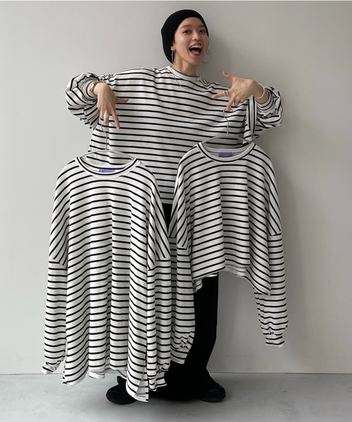 wee9s（ウィークス）の「super loose light sweatee / スーパールーズライトスウェッティー（Tシャツ/カットソー・レディース・アイボリー/ブラック/ピンク/ベビーピンク/グレー/チェリーピンク/オレンジ/レッド/パープル/ネイビー/ライトイエロー/ブルー/グリーン/スカイブルー/ライラック/ブラック系2/ターコイズブルー/ブラウン・FREE/SHORT/MEDIUM）」の3枚目の写真