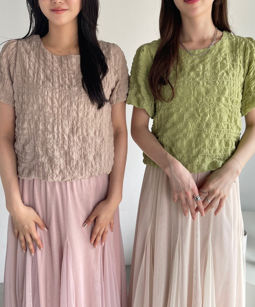 セール】1枚でおしゃれ映え ぽこぽこ シャーリング 半袖トップス