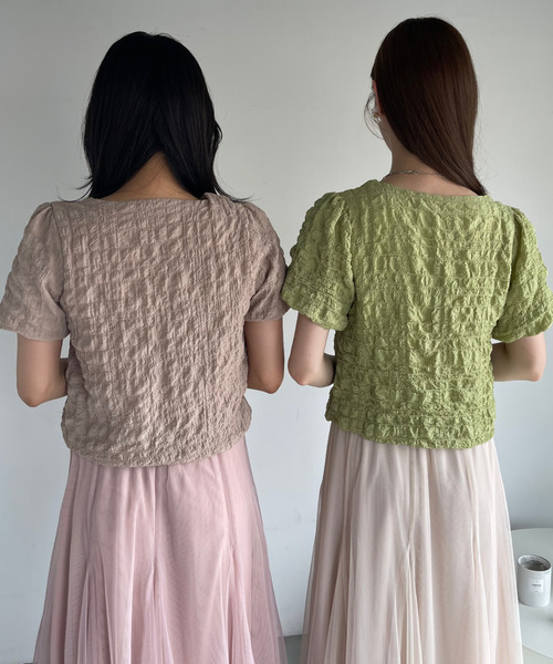 ぽこぽこ セール】1枚でおしゃれ映え ぽこぽこ シャーリング 半袖トップス