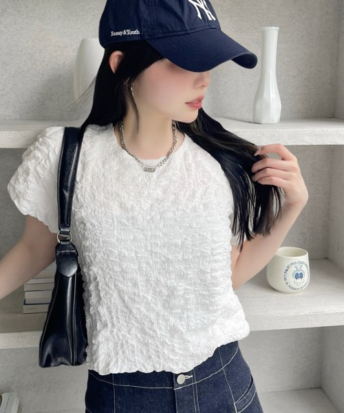 Ada.（エイダ）の「1枚でおしゃれ映え ぽこぽこ シャーリング 半袖トップス（シャツ/ブラウス・レディース・ピンク/ベージュ/グリーン/ブラック/ブルー/ライトブラウン/ホワイト/ラベンダー・FREE）」の22枚目の写真