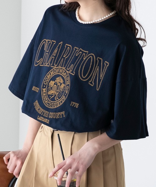 BONLECILL（ボンルシール）の「配色ステッチ 半袖オーバーカレッジTシャツ（Tシャツ/カットソー・レディース・チャコールグレー/オフホワイト/イエロー/ネイビー/オートミール・FREE）」の4枚目の写真