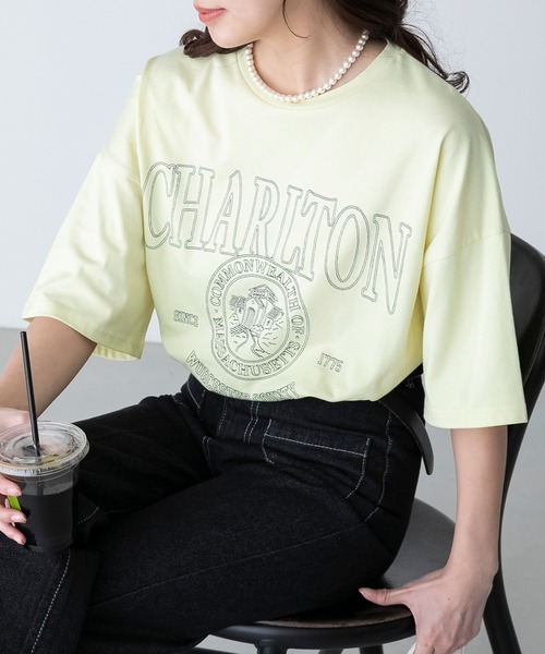 BONLECILL（ボンルシール）の「配色ステッチ 半袖オーバーカレッジTシャツ（Tシャツ/カットソー・レディース・チャコールグレー/オフホワイト/イエロー/ネイビー/オートミール・FREE）」の5枚目の写真
