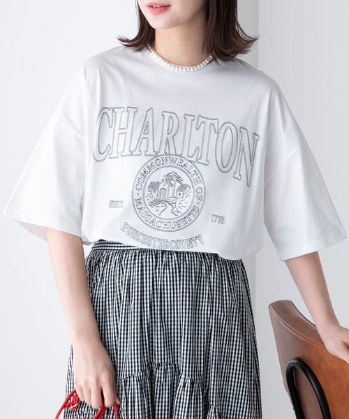 BONLECILL（ボンルシール）の「配色ステッチ 半袖オーバーカレッジTシャツ（Tシャツ/カットソー・レディース・チャコールグレー/オフホワイト/イエロー/ネイビー/オートミール・FREE）」の12枚目の写真