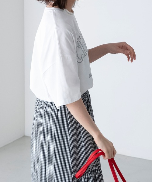 BONLECILL（ボンルシール）の「配色ステッチ 半袖オーバーカレッジTシャツ（Tシャツ/カットソー・レディース・チャコールグレー/オフホワイト/イエロー/ネイビー/オートミール・FREE）」の8枚目の写真