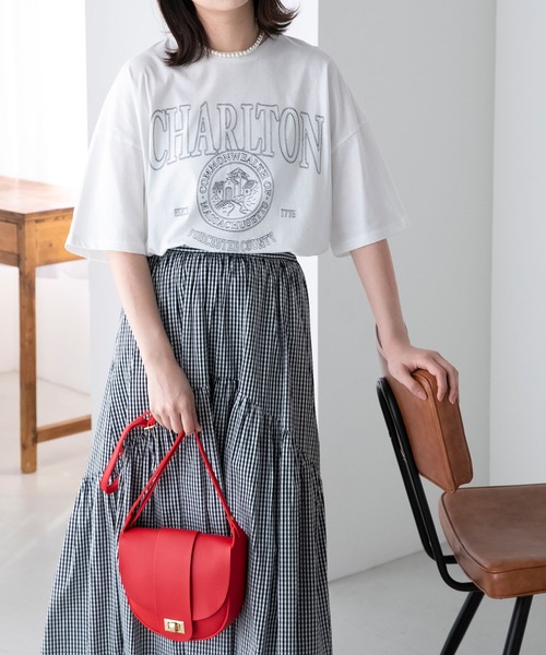 BONLECILL（ボンルシール）の「配色ステッチ 半袖オーバーカレッジTシャツ（Tシャツ/カットソー・レディース・チャコールグレー/オフホワイト/イエロー/ネイビー/オートミール・FREE）」の13枚目の写真
