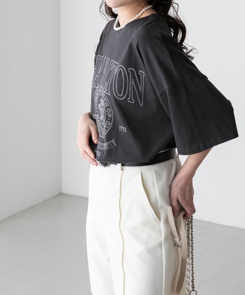 BONLECILL（ボンルシール）の「配色ステッチ 半袖オーバーカレッジTシャツ（Tシャツ/カットソー・レディース・チャコールグレー/オフホワイト/イエロー/ネイビー/オートミール・FREE）」の16枚目の写真