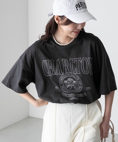 BONLECILL（ボンルシール）の「配色ステッチ 半袖オーバーカレッジTシャツ（Tシャツ/カットソー・レディース・チャコールグレー/オフホワイト/イエロー/ネイビー/オートミール・FREE）」の14枚目の写真