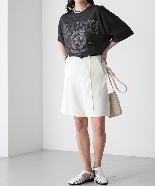BONLECILL（ボンルシール）の「配色ステッチ 半袖オーバーカレッジTシャツ（Tシャツ/カットソー・レディース・チャコールグレー/オフホワイト/イエロー/ネイビー/オートミール・FREE）」の18枚目の写真