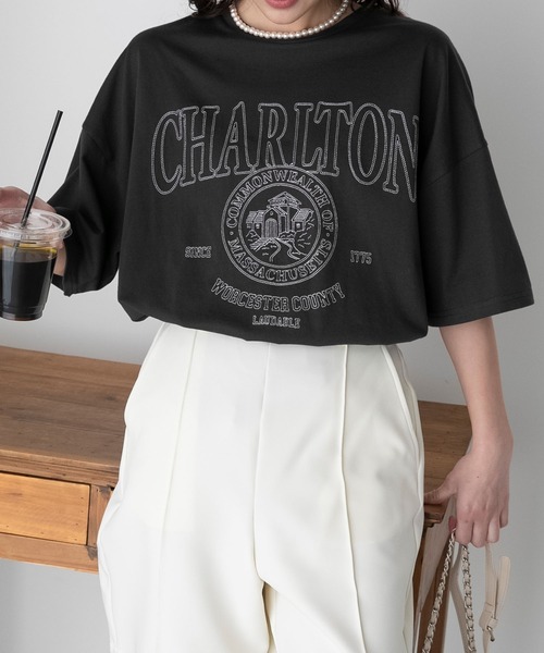 BONLECILL（ボンルシール）の「配色ステッチ 半袖オーバーカレッジTシャツ（Tシャツ/カットソー・レディース・チャコールグレー/オフホワイト/イエロー/ネイビー/オートミール・FREE）」の20枚目の写真