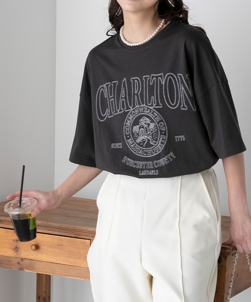 BONLECILL（ボンルシール）の「配色ステッチ 半袖オーバーカレッジTシャツ（Tシャツ/カットソー・レディース・チャコールグレー/オフホワイト/イエロー/ネイビー/オートミール・FREE）」の21枚目の写真
