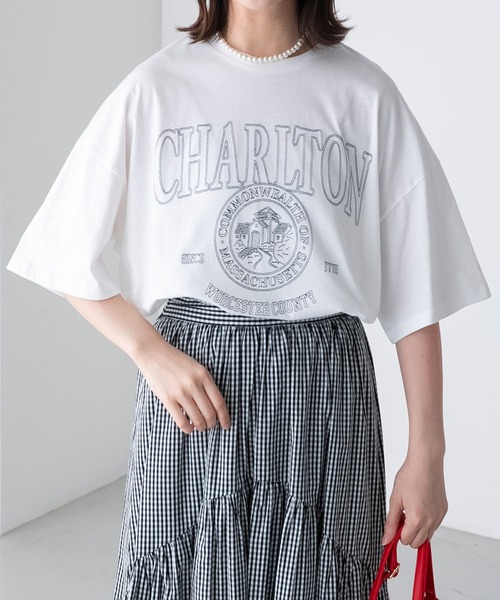 BONLECILL（ボンルシール）の「配色ステッチ 半袖オーバーカレッジTシャツ（Tシャツ/カットソー・レディース・チャコールグレー/オフホワイト/イエロー/ネイビー/オートミール・FREE）」の6枚目の写真