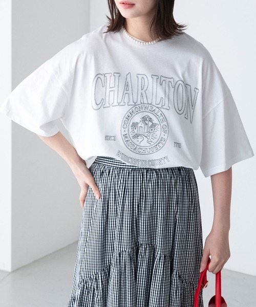 BONLECILL（ボンルシール）の「配色ステッチ 半袖オーバーカレッジTシャツ（Tシャツ/カットソー・レディース・チャコールグレー/オフホワイト/イエロー/ネイビー/オートミール・FREE）」の7枚目の写真