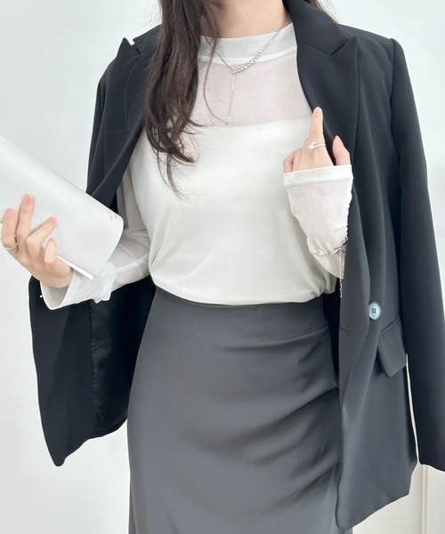 emi+（エミプラス）の「無地＆マーブルシースルーインナーカットソー（Tシャツ/カットソー・レディース・ホワイト系その他/アイボリー/ブラック/カーキ/ブラック系その他・M/L）」の2枚目の写真