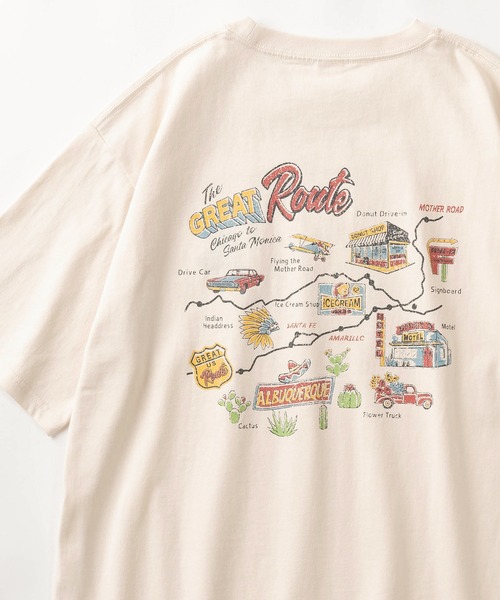 POWER TO THE PEOPLE(パワートゥーザピープル)の「「GREAT Route/Cold Beer」レトロタッチ アメリカングラフィック ワンポイント刺繍&バックプリントデザイン 半袖Tシャツ/オーバーサイズ(Tシャツ/カットソー・メンズ・アッシュグレー/ネイビー/ホワイト/チャコールグレー/アイボリー/ラベンダー・M/L/XL)」の1枚目の写真
