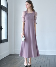 チュール袖切替えバックデザイン フレア ロング 結婚式 ワンピース パーティードレス オケージョンドレス お呼ばれ 二次会 成人式 同窓会 謝恩会