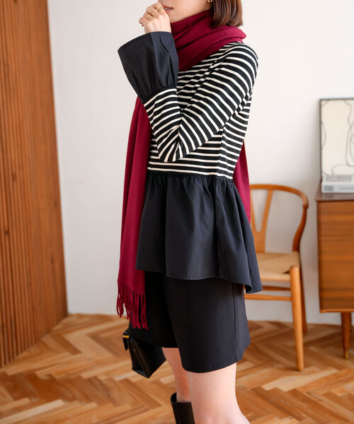 KOBE LETTUCE（コウベレタス）の「布帛切替フレアスリーブペプラムリブトップス（その他トップス・レディース・ブラック×ホワイト/アイボリー/ブラック/ホワイト×ブラック/チャコール・M）」の5枚目の写真