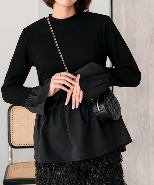 KOBE LETTUCE（コウベレタス）の「布帛切替フレアスリーブペプラムリブトップス（その他トップス・レディース・ブラック×ホワイト/アイボリー/ブラック/ホワイト×ブラック/チャコール・M）」の4枚目の写真