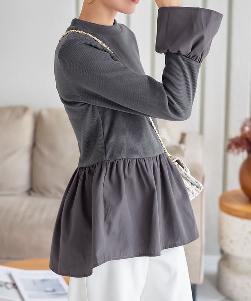 KOBE LETTUCE（コウベレタス）の「布帛切替フレアスリーブペプラムリブトップス（その他トップス・レディース・ブラック×ホワイト/アイボリー/ブラック/ホワイト×ブラック/チャコール・M）」の12枚目の写真