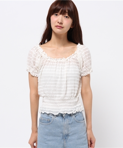 one after another NICE CLAUP（ワンアフターアナザーナイスクラップ）の「【ナイスクラップ】シャドーボーダーシャーリングプルオーバー（Tシャツ/カットソー・レディース・オフホワイト/カーキ/ブラック・FREE）」の9枚目の写真