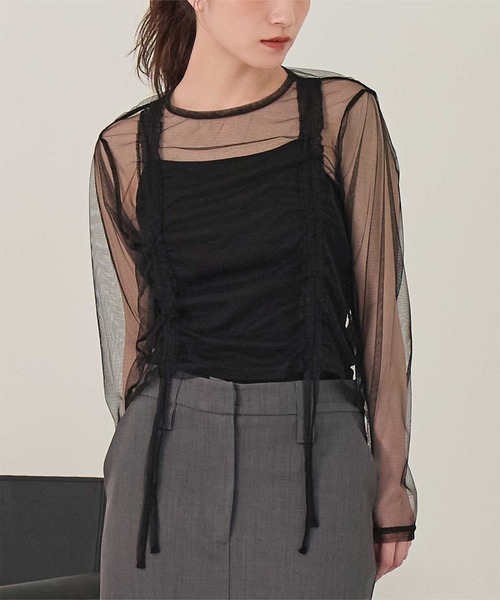 miette(ミエット)の「チュールフロントシャーリングトップス(Tシャツ/カットソー・レディース・アイボリー/ブラック/ピンク・FREE)」の1枚目の写真