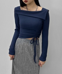【LVEU.】シャーリングオープンネックトップス / トップス リブ ニット ラペル シャーリング オフショル風 襟 フラップ クロップド ショート ブラック ネイビー
