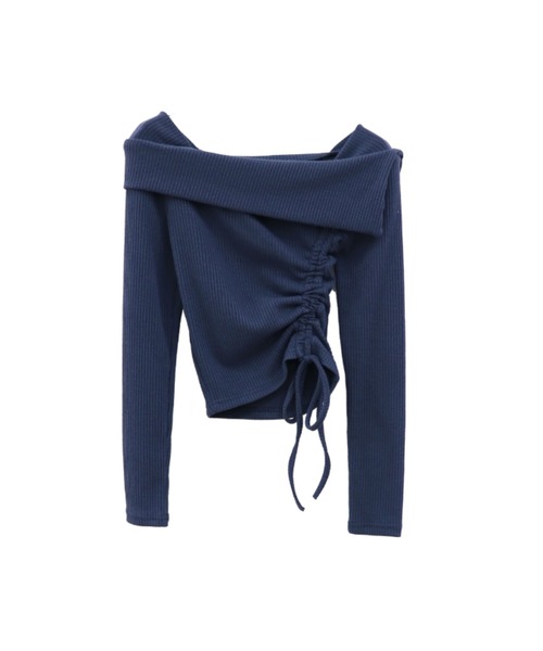 LVEU.(ラブユ.)の「【LVEU.】シャーリングオープンネックトップス / トップス リブ ニット ラペル シャーリング オフショル風 襟 フラップ クロップド ショート ブラック ネイビー(Tシャツ/カットソー・レディース・アイボリー/ブラック/ネイビー・FREE)」の5枚目の写真