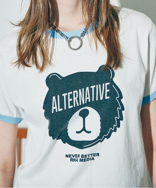 RNA(アールエヌエー)の「M2247 BLINDFOLD BEARミニT(Tシャツ/カットソー・レディース・ホワイト×ブルー/ピンク/ブラック×ホワイト・MEDIUM)」の2枚目の写真