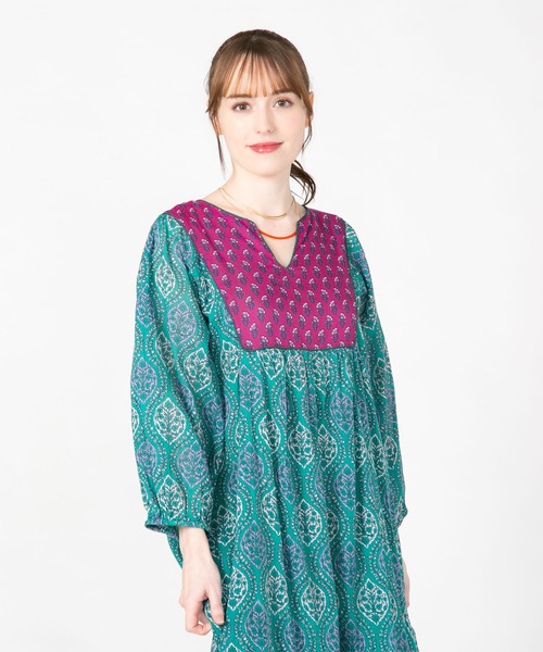 JEANS MATE（ジーンズメイト）の「【fortpoint/フォートポイント】インド綿花柄ワンピース（ワンピース・レディース・イエロー/ネイビー/グリーン・FREE）」の14枚目の写真