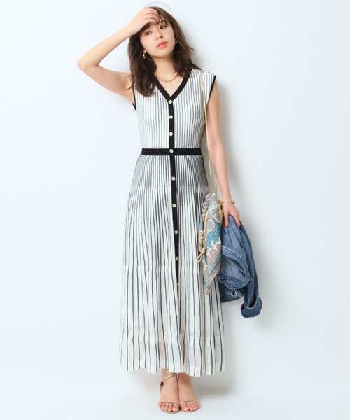 【美品 】ジャスグリッティ 24SS 美香着用 配色プリーツニットワンピース　S 美品 】ジャスグリッティ 24SS 美香着用 配色プリーツニット