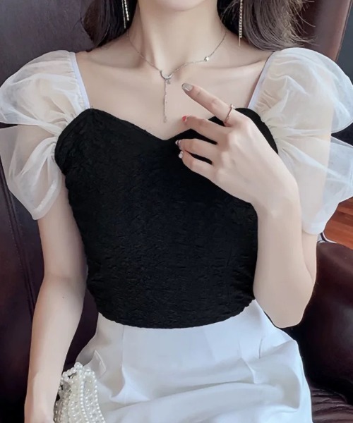 Sibra(シブラ)の「異素材半袖トップス(シャツ/ブラウス・レディース・ブラック/ホワイト・M)」の14枚目の写真