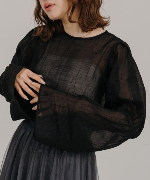 IROHANI(イロハニ)の「ギャザーデザインシアーブラウス(シャツ/ブラウス・レディース・ブルー/ブラック・FREE)」の1枚目の写真